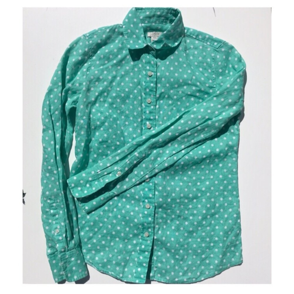 J crew 100% linen mint green polka dot button down